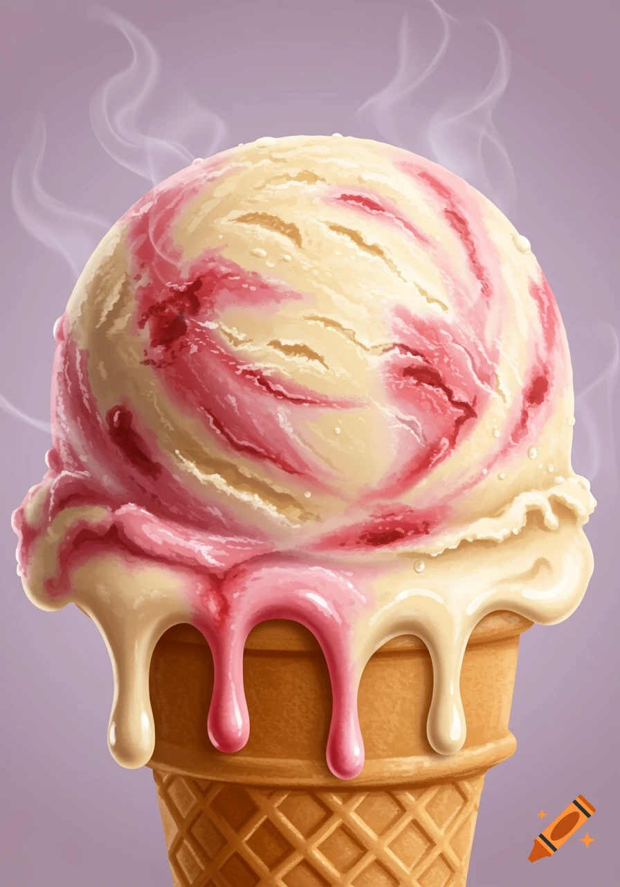 A scoop of creamy vanilla and strawberry swirl ice cream melting in a waffle cone, with vapor rising.