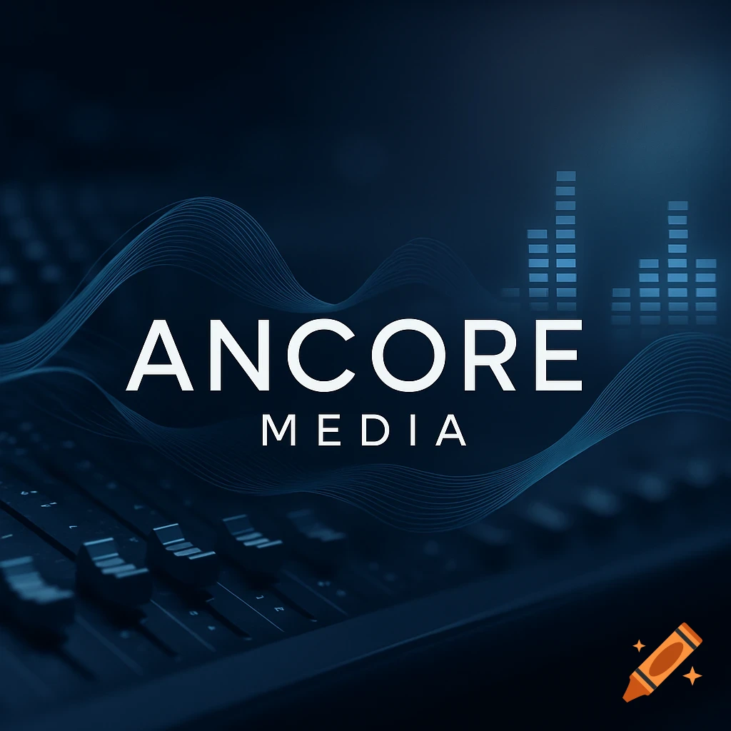 Modern Ancore Media logo with white text on dark blue, featuring abstract waves, sound mixing board, and equalizer graphics.