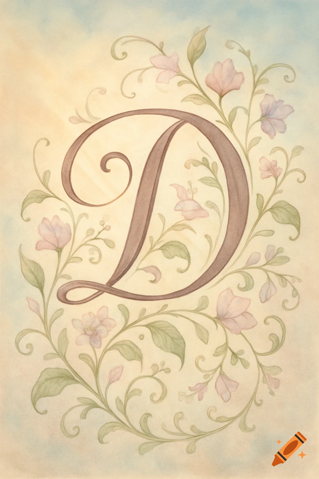 A decorative brown letter D with floral accents of pink flowers and green leaves on a light watercolor background.
