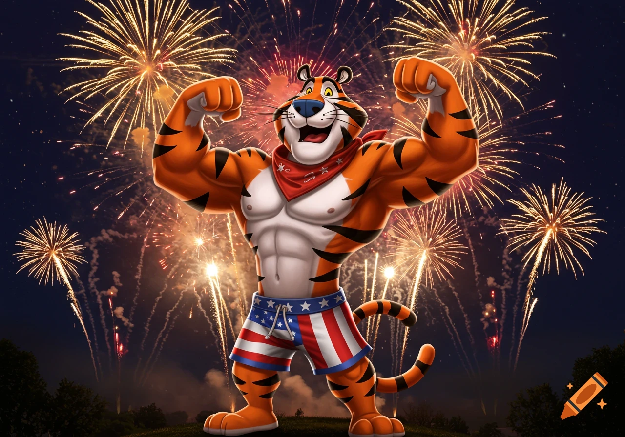 Tony the Tiger flexing in patriotic shorts against a backdrop of fireworks in the night sky.