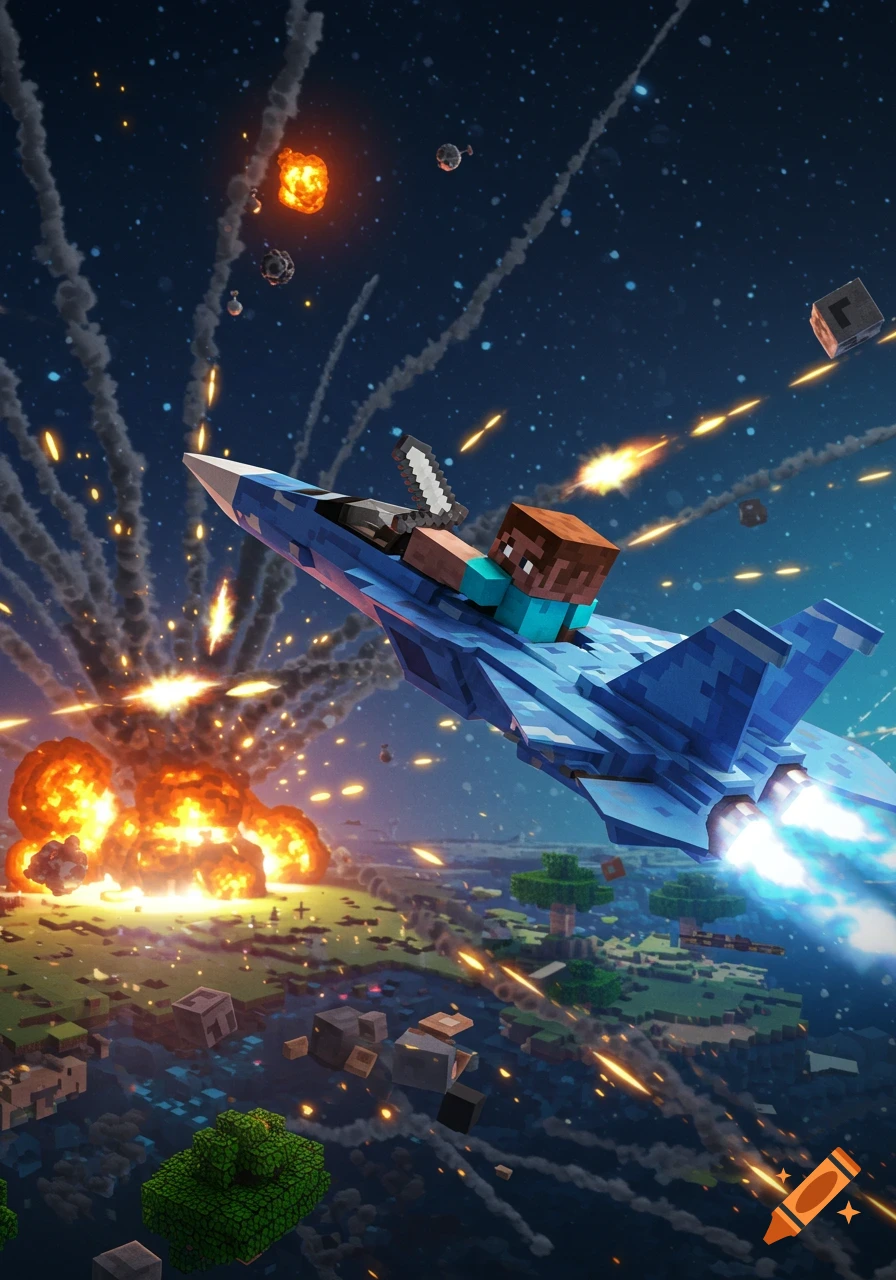 Minecraft Steve in a fighter jet flying over a blocky landscape with explosions and gunfire in space.