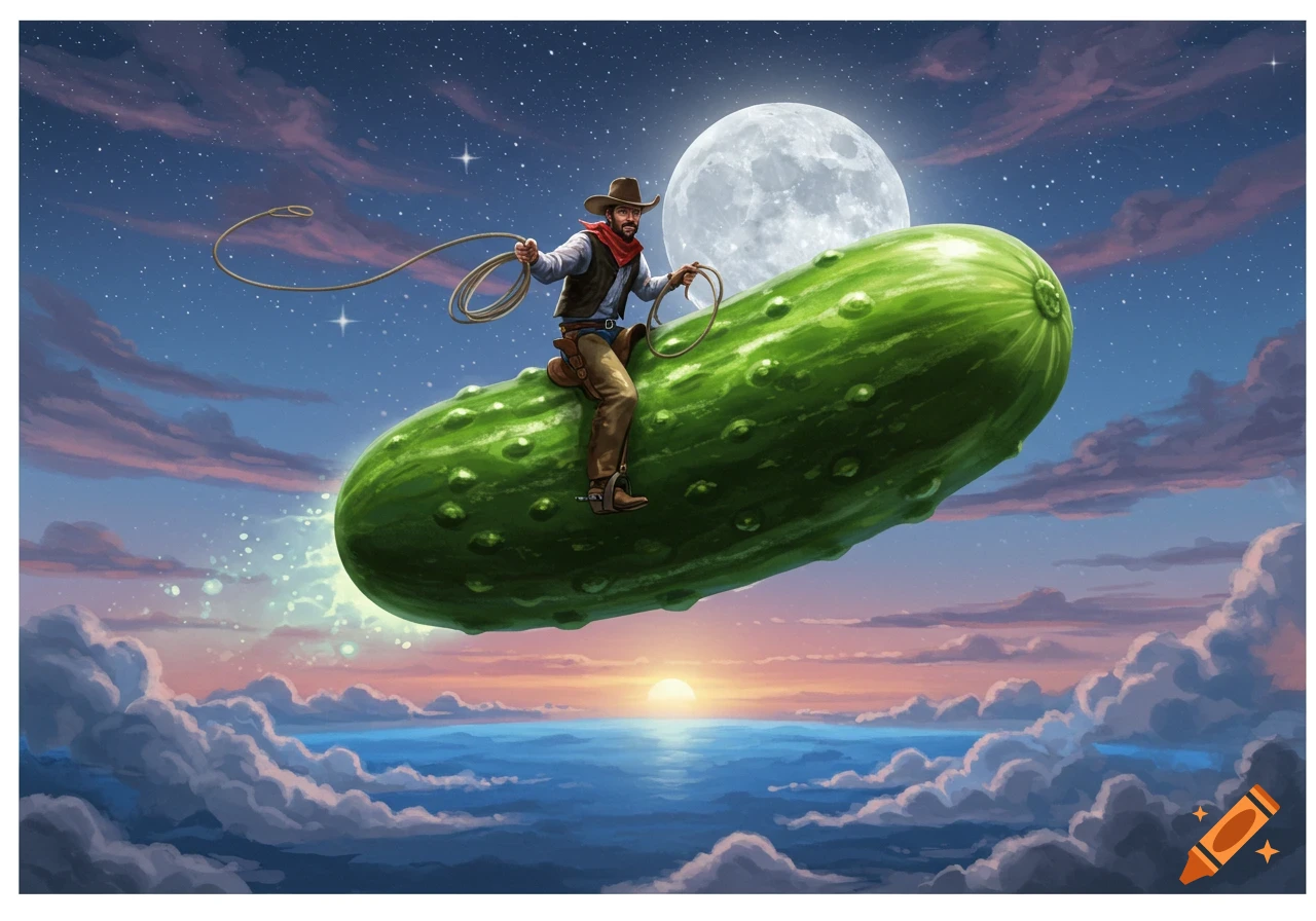 A whimsical illustration of a cowboy riding a giant pickle through a twilight sky, with a full moon and distant clouds.