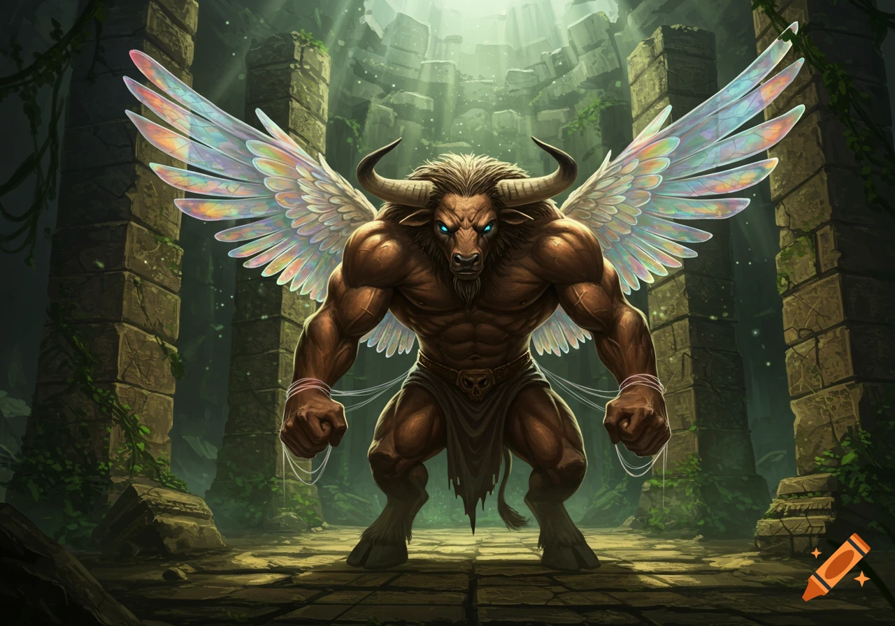 A powerful, muscular minotaur with iridescent wings and glowing blue eyes stands in ancient ruins illuminated by light rays.