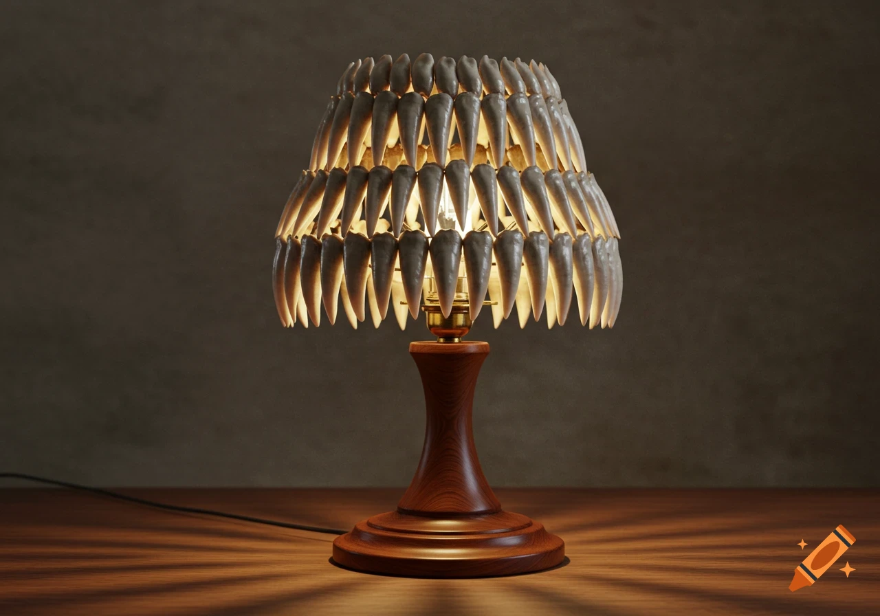 A realistic table lamp with a wooden base and a lampshade made of many white, pointed tooth-like objects, casting warm light.