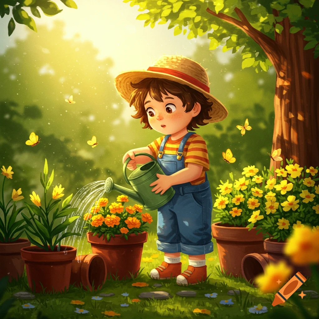 A charming cartoon illustration of a young child in a straw hat and overalls watering potted orange flowers in a sunny garden.