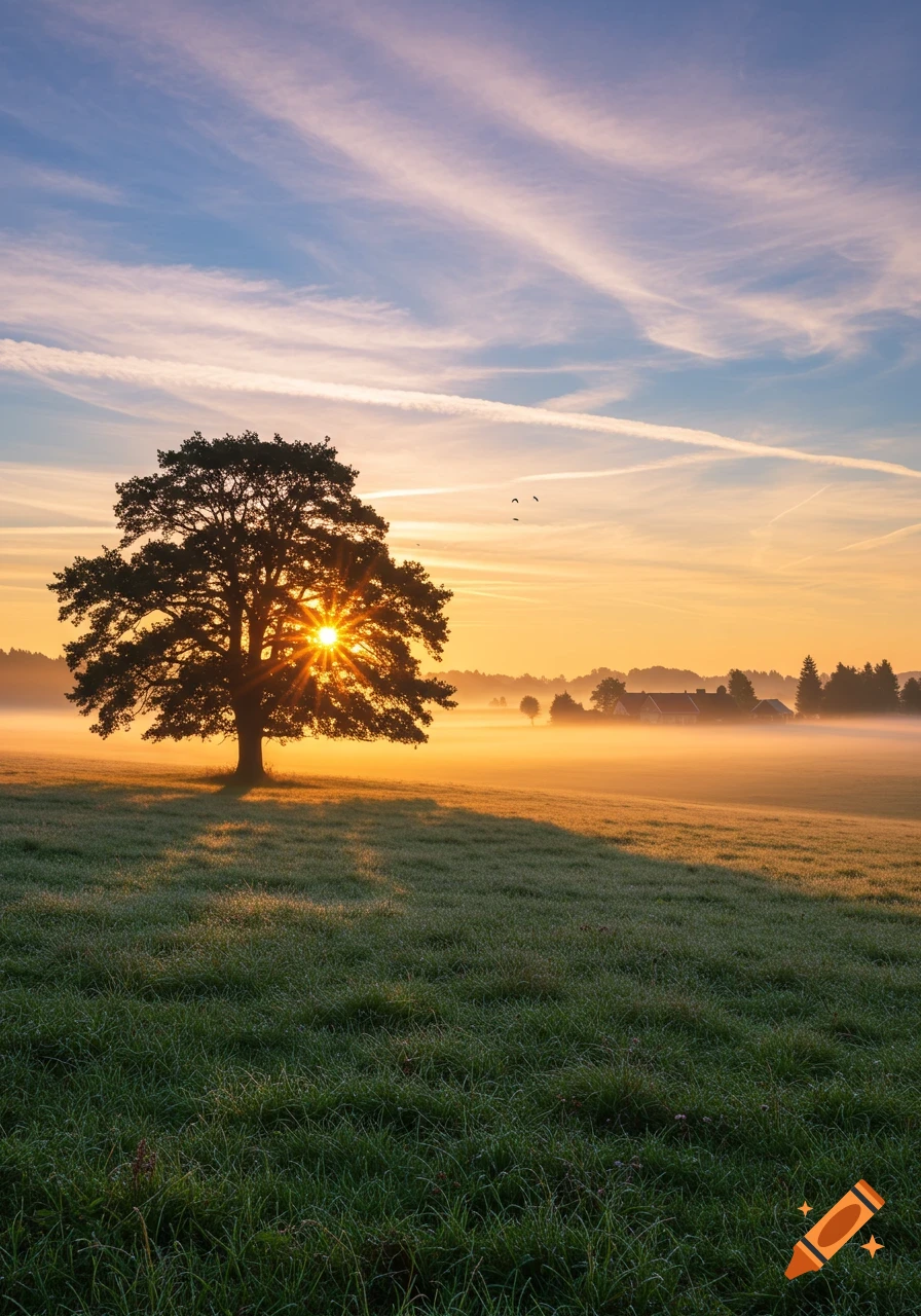 Photorealistic image of a large silhouetted tree at sunrise, standing in a misty green field with sunlight bursting through its branches.