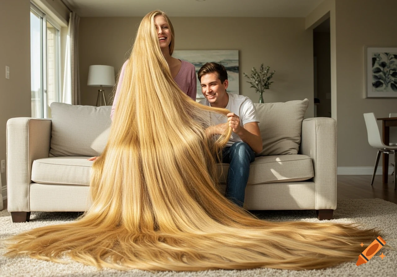 A photorealistic image of a woman with extremely long blonde hair cascading over the couch and floor, with a man sitting next to her in a living room.