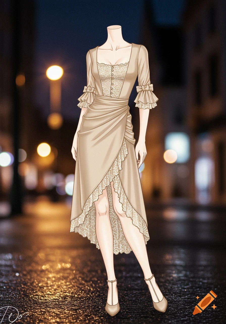 A headless mannequin-like figure models a beige modern dress with 18th-century influences, featuring lace and ruffled sleeves, on a wet city street at night.