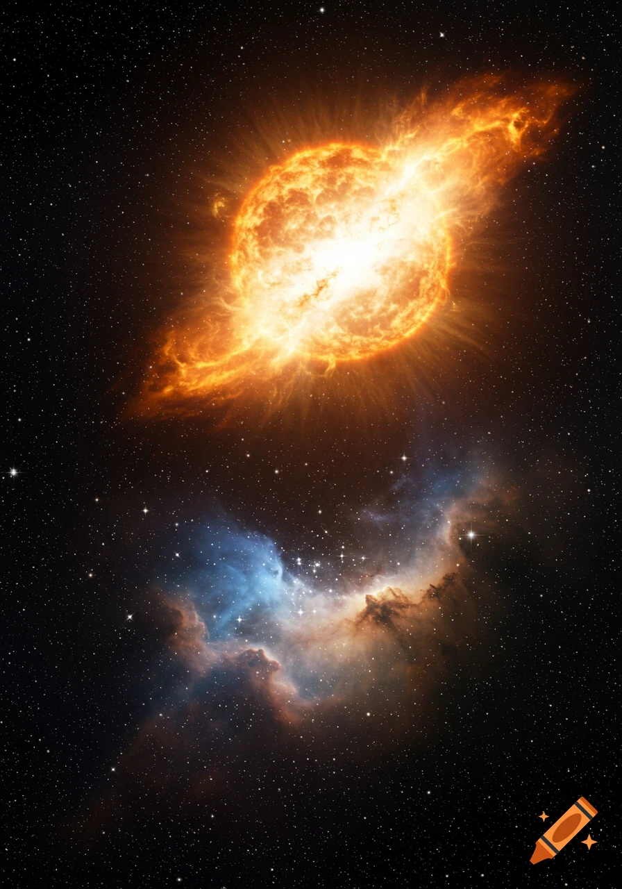 A bright, fiery star with intense flares above a colorful blue and orange nebula in outer space, against a backdrop of distant stars.