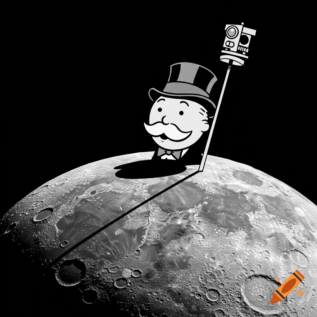 Black and white illustration of Mr. Monopoly emerging from the moon's surface, holding a surveyor's pole.