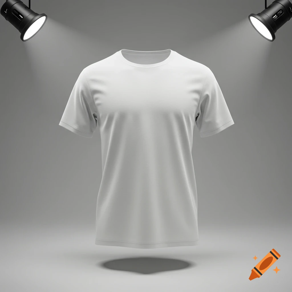 A white t-shirt floats in a gray studio space with two spotlights.