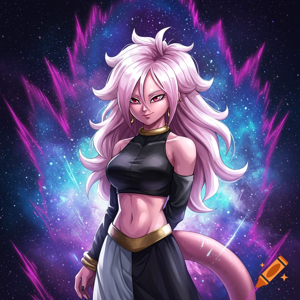An anime illustration of Android 21 with long pink hair and a tail, wearing a black crop top and a split skirt, against a cosmic purple and blue background with energy.