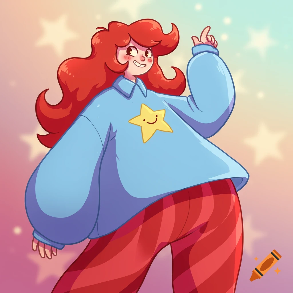 A cartoon character with wavy red hair, wearing an oversized light blue sweater with a yellow star on it and red striped pants, pointing upwards.