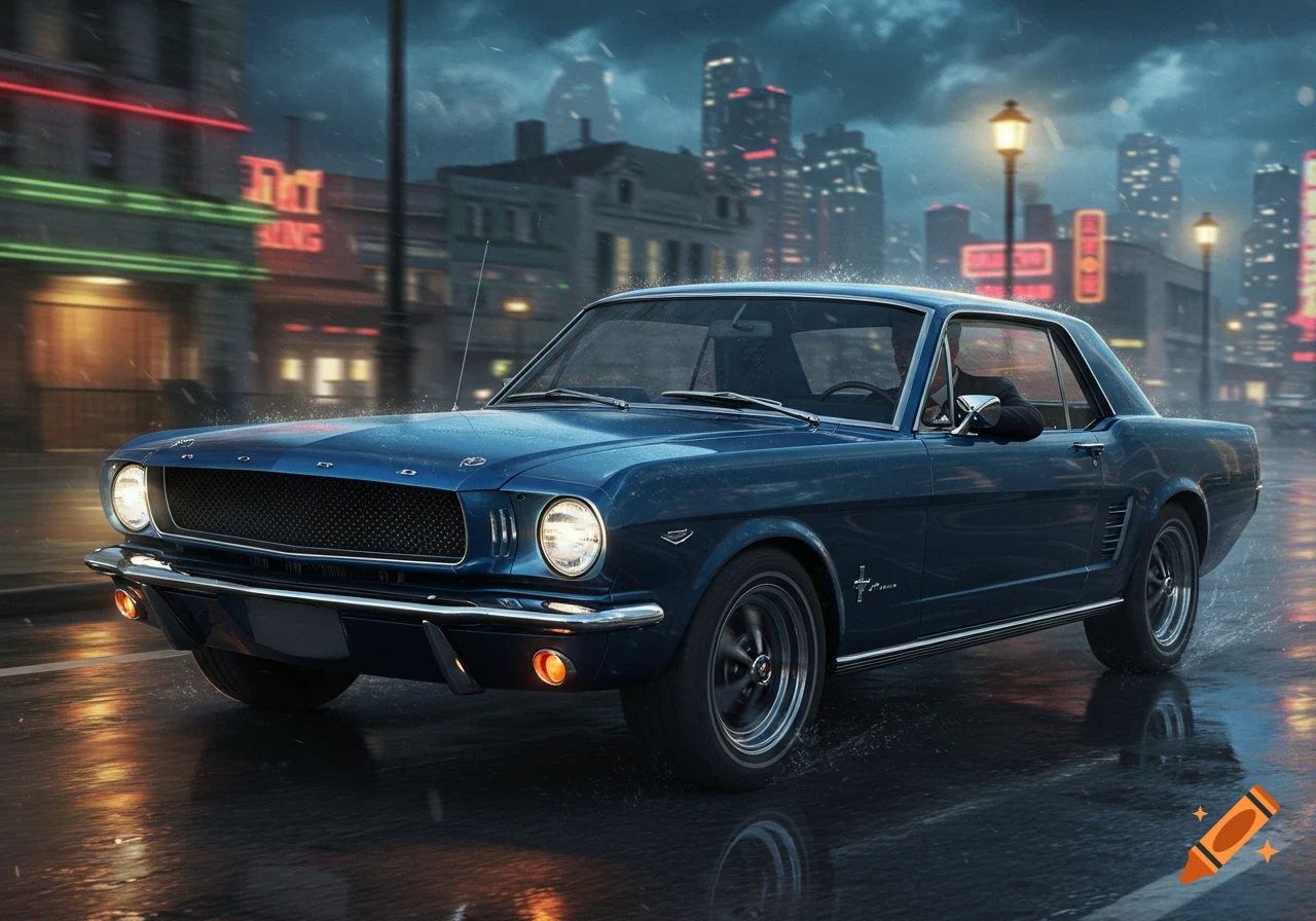 A blue vintage Ford Mustang drives down a wet city street at night, splashing water, with illuminated buildings in the background.