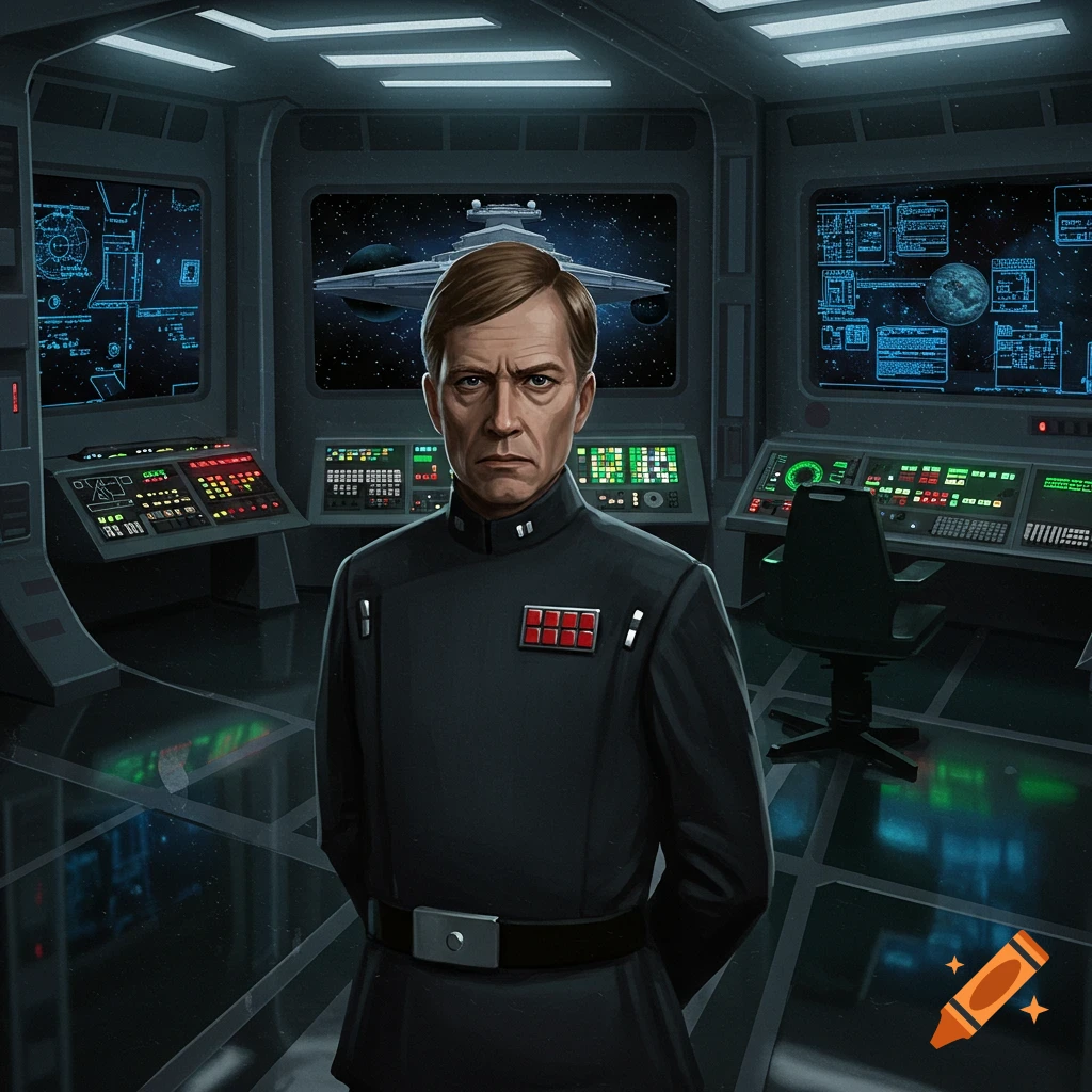 A serious-looking Imperial officer stands in a dark sci-fi control room with glowing screens and a starship visible outside.