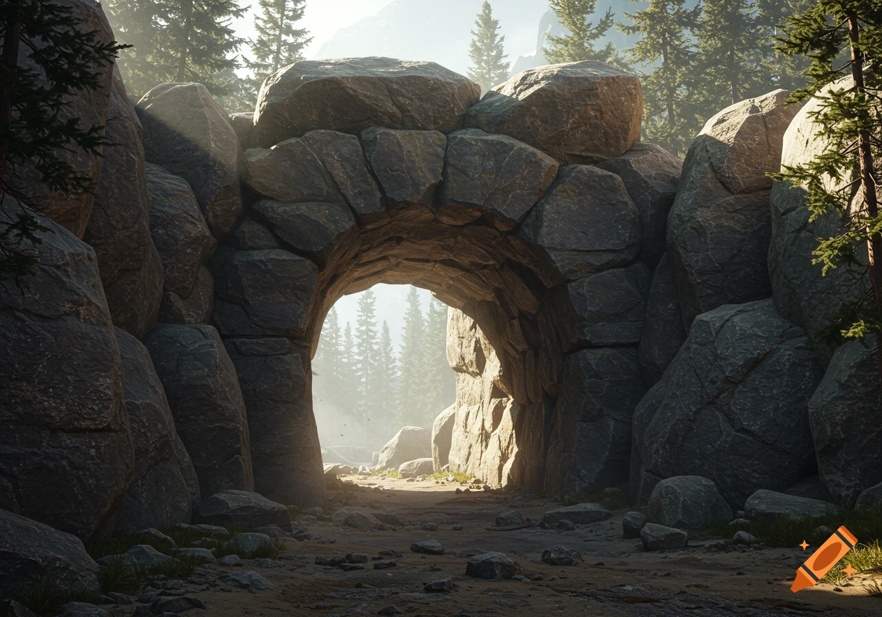 A narrow rock archway tunnel leads to a brightly lit forest with tall pine trees and mountains in the distance, bathed in sunlight.
