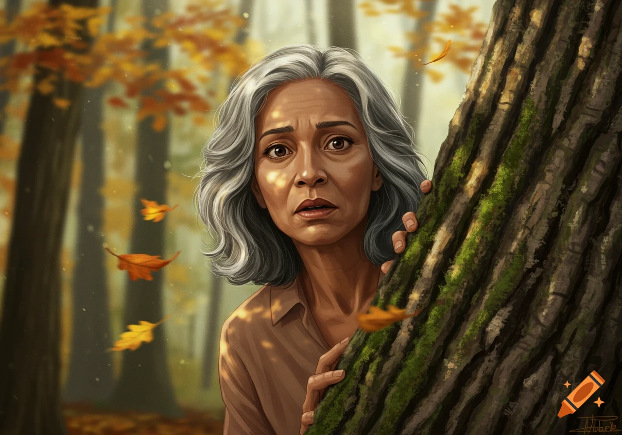 Digital painting of an apprehensive woman with salt and pepper hair peeking from behind a tree in an autumn forest.