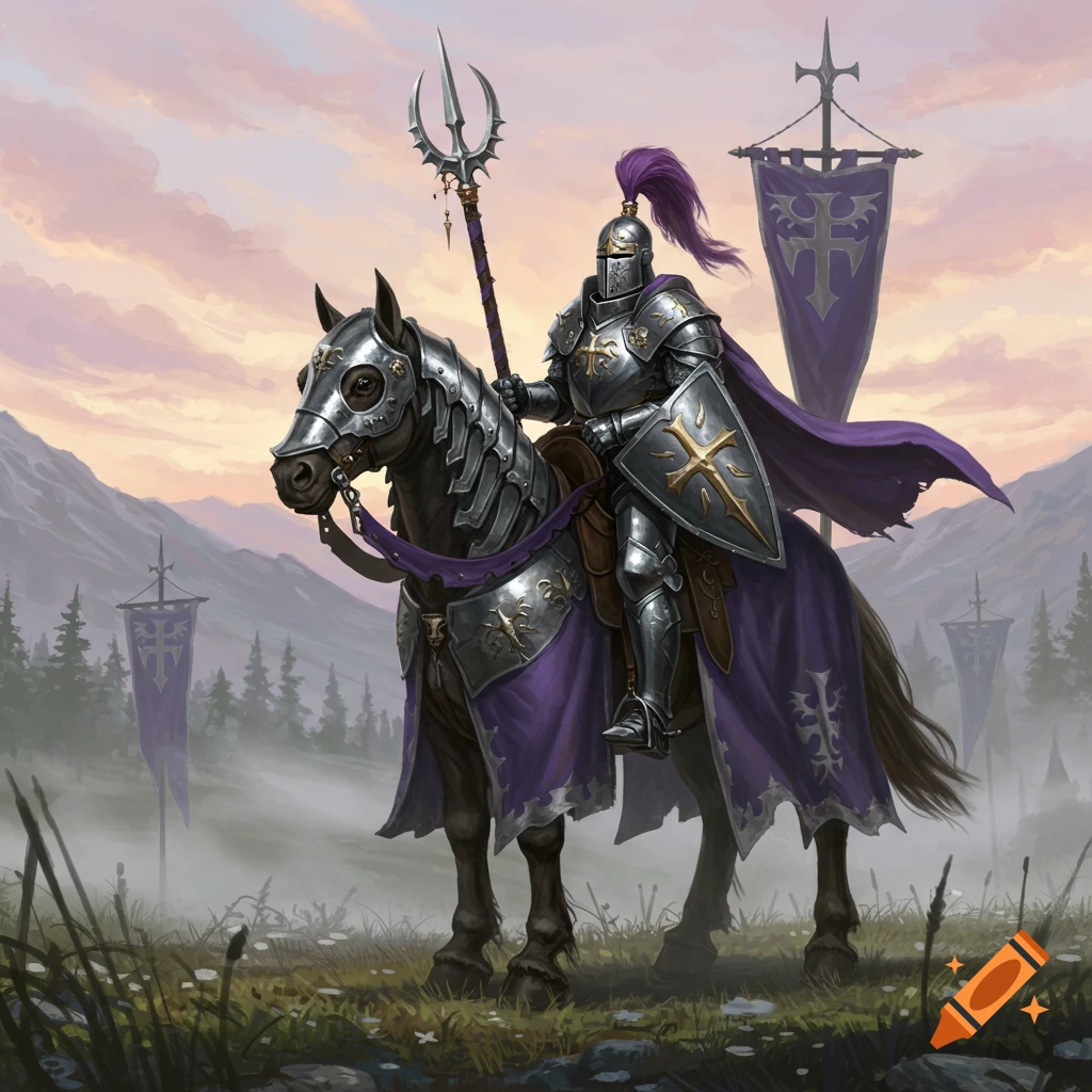 A knight in silver armor with a purple cape rides a horse through a misty, mountainous landscape under a sunset sky, holding a trident-like spear.
