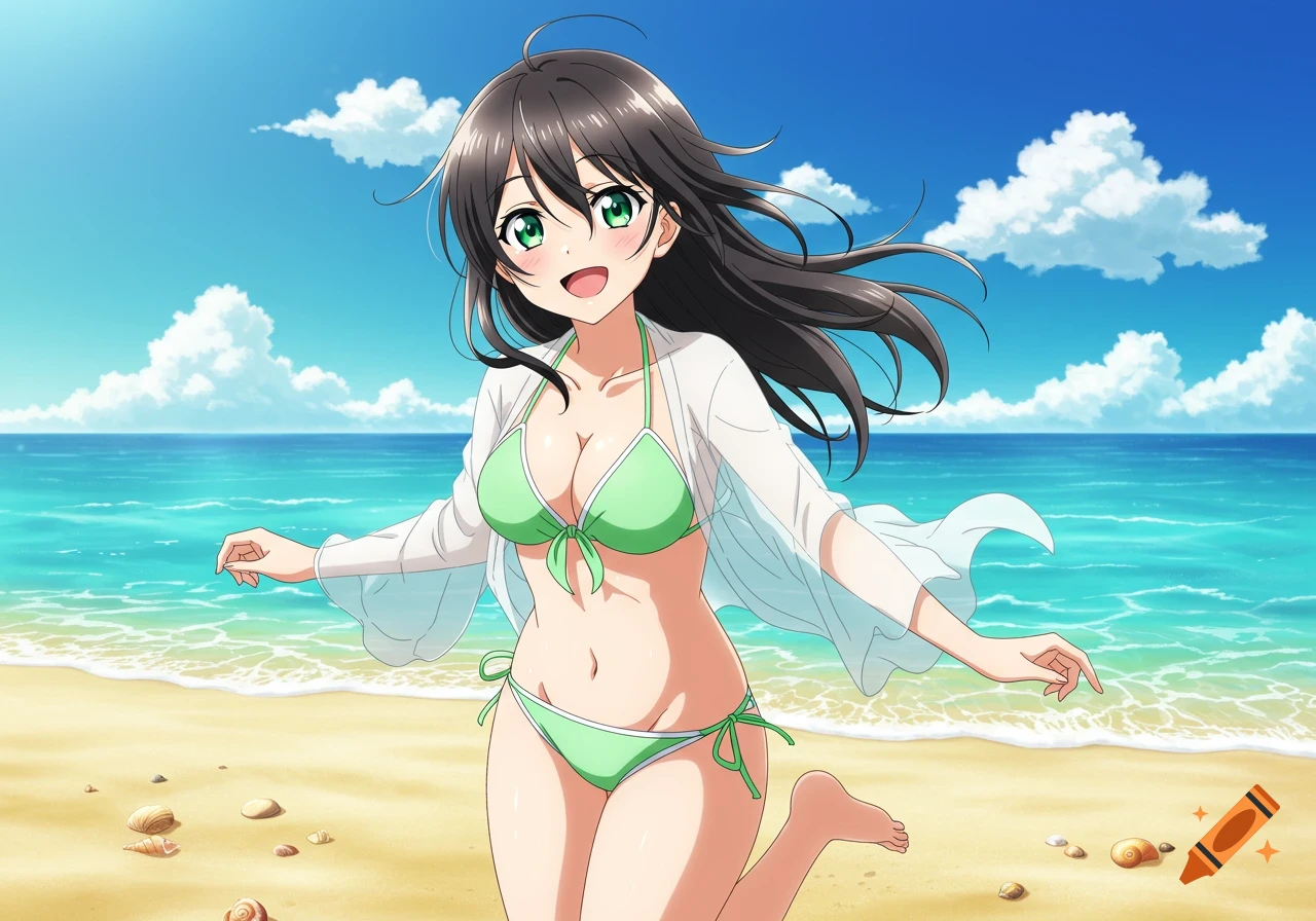 An anime girl with long brown hair and green eyes in a light green bikini and white cover-up smiles on a sunny beach.
