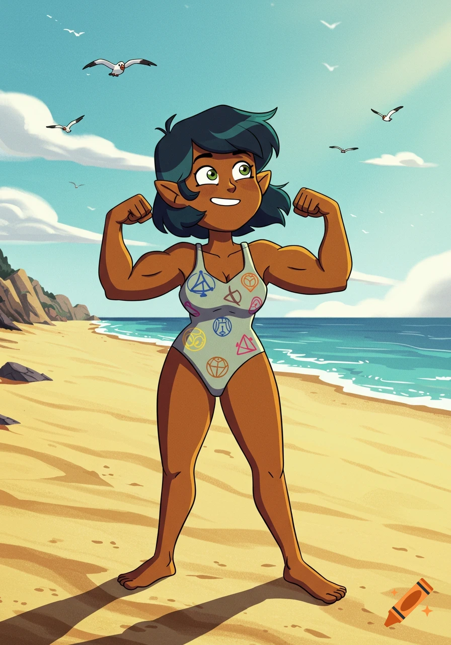 Willow from The Owl House cartoon flexes her arm muscles on a sunny beach with seagulls flying.