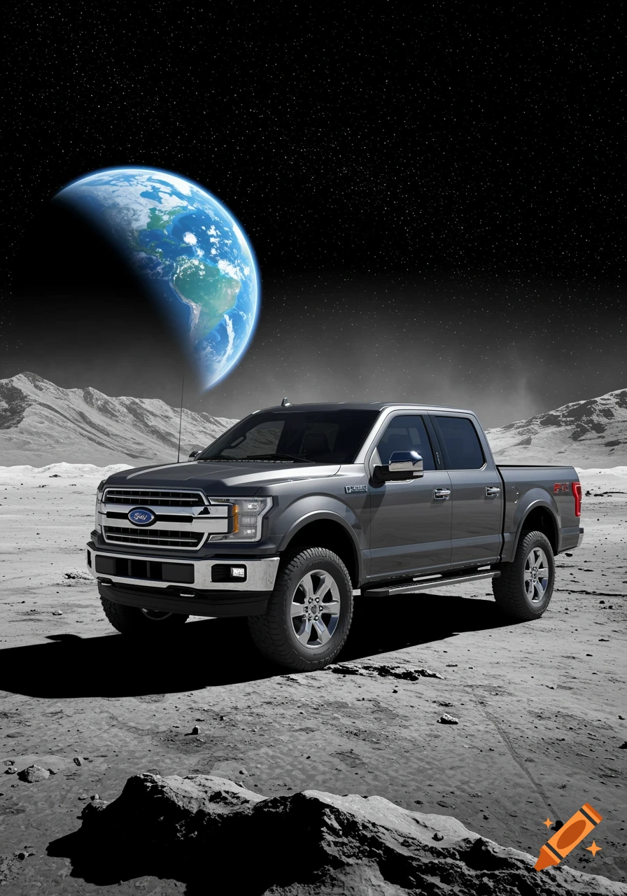 A grey Ford F-150 truck parked on the rocky surface of the moon, with the Earth visible in the dark starry sky.