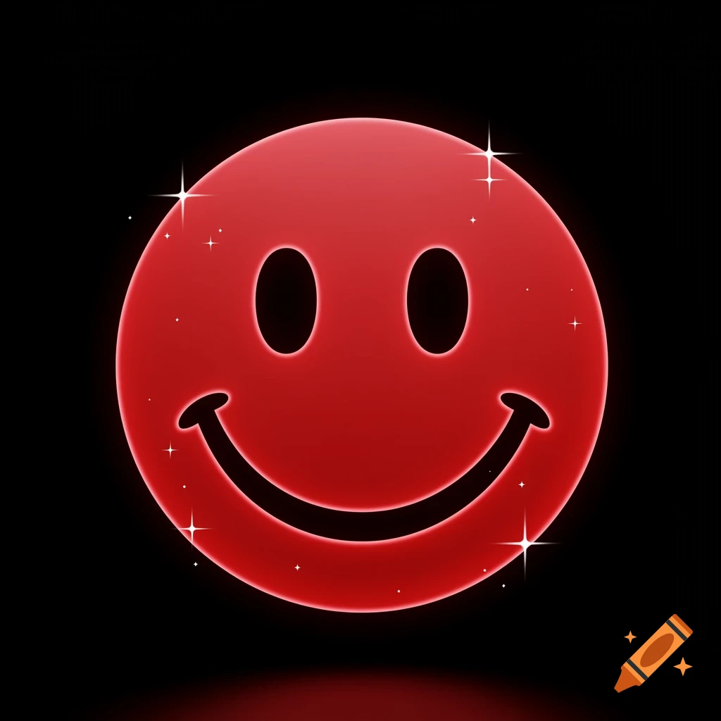 A glowing red smiley face with a shiny surface and small white sparkles on a black background.