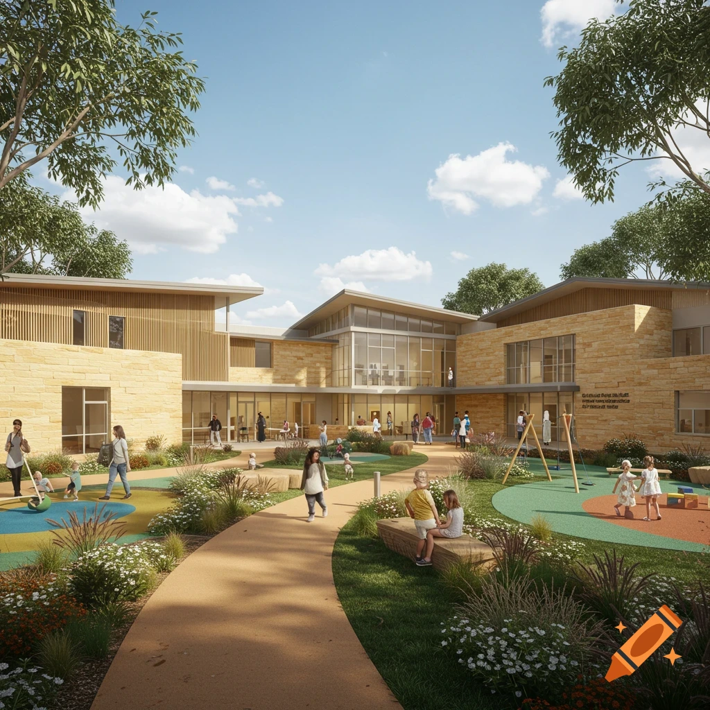 Photorealistic render of a modern daycare and community center with children playing in a central courtyard, surrounded by trees and lush landscaping.