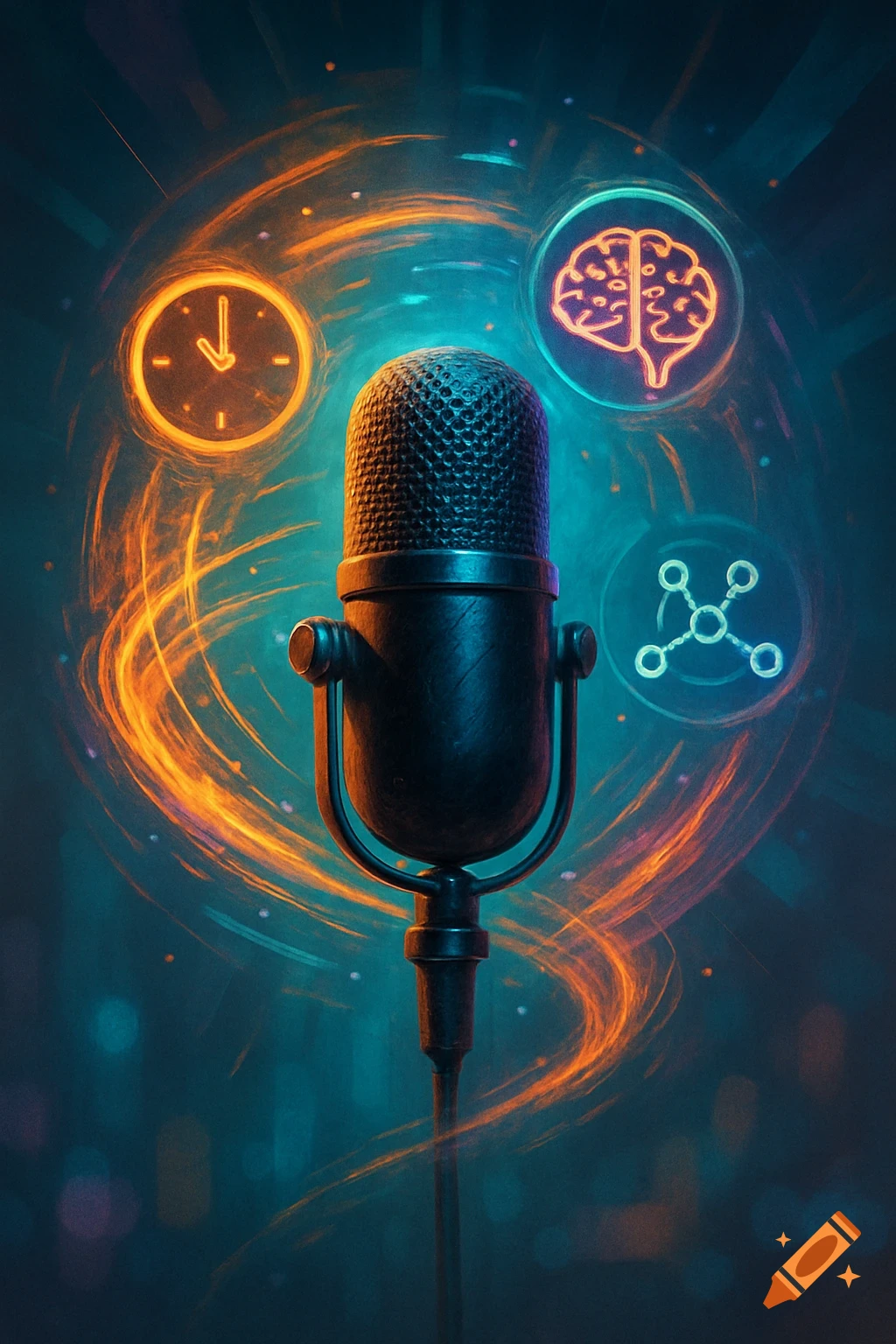 A stylized vintage microphone illuminated by glowing orange and blue energy swirls, with neon icons of a clock, brain, and molecule.