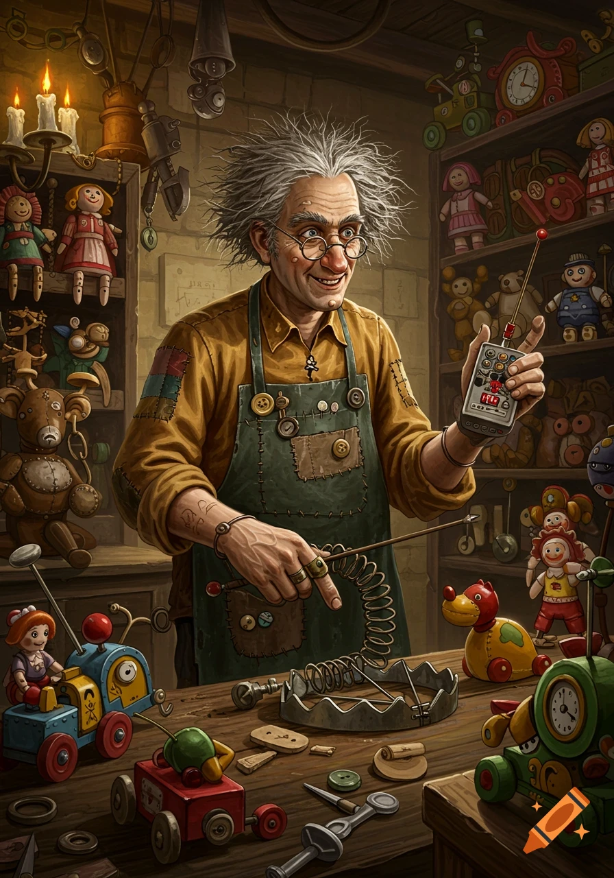 A whimsical, wild-haired toy maker in his cluttered workshop holds a remote control, surrounded by unique, animated toys and a trap.