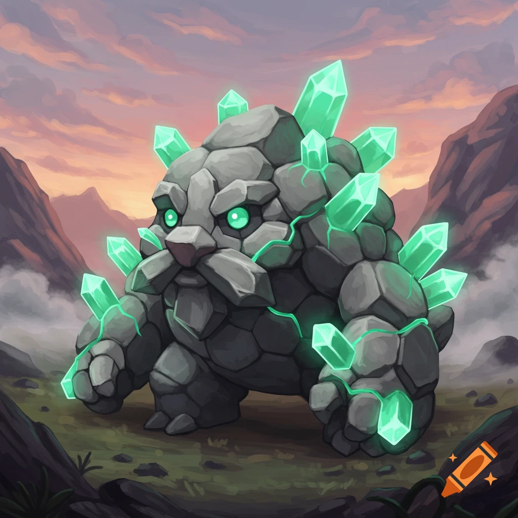 A cartoonish, squat rock creature resembling a dwarf, with a beard and glowing green crystals embedded in its body, stands in a mountain landscape at sunset.