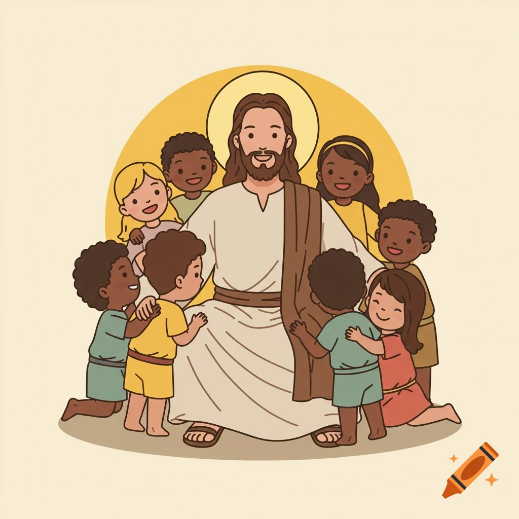 Vector-style illustration of Jesus sitting with diverse children around him, against a yellow circle background.