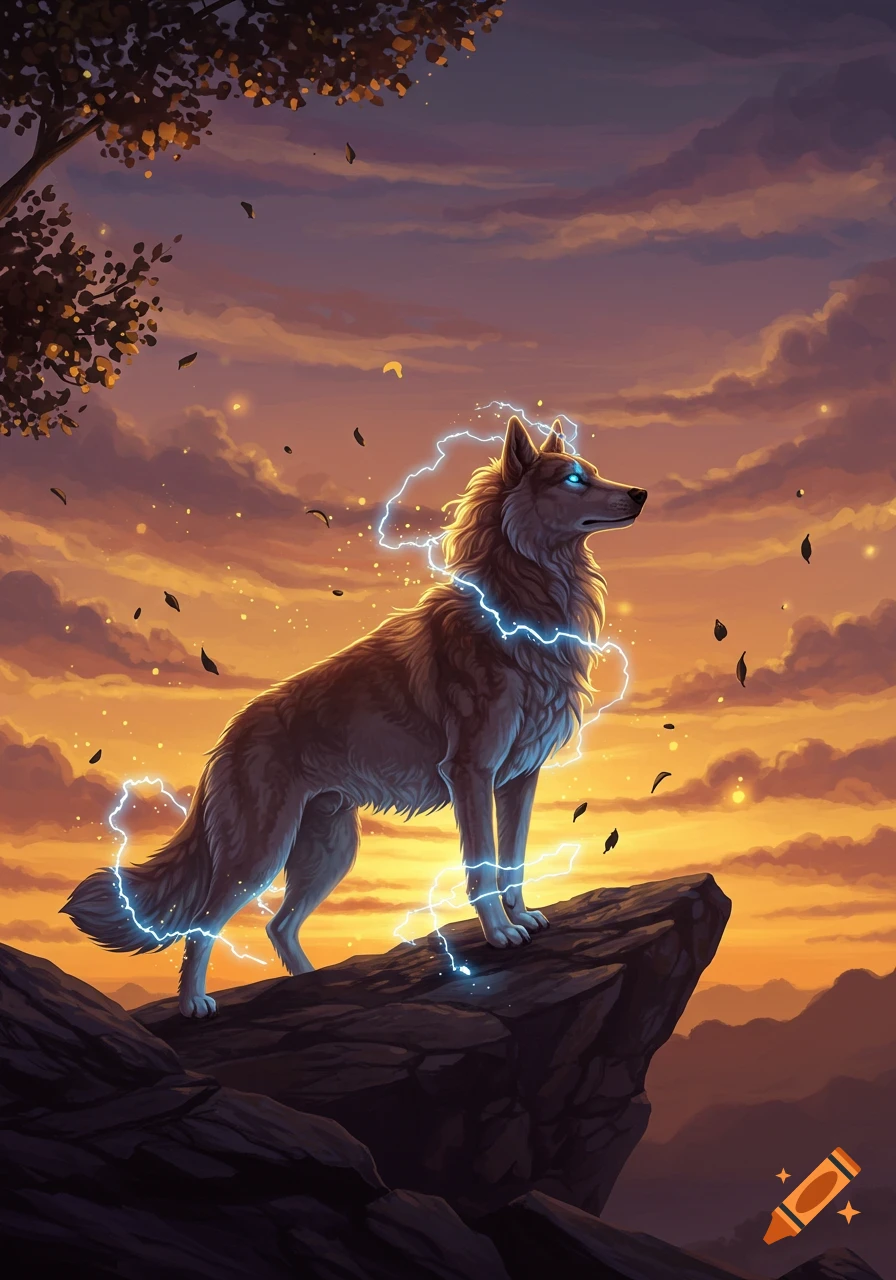 A powerful wolf with glowing blue eyes and lightning around its body stands on a rocky cliff overlooking a vast landscape at sunset, in a digital art style.