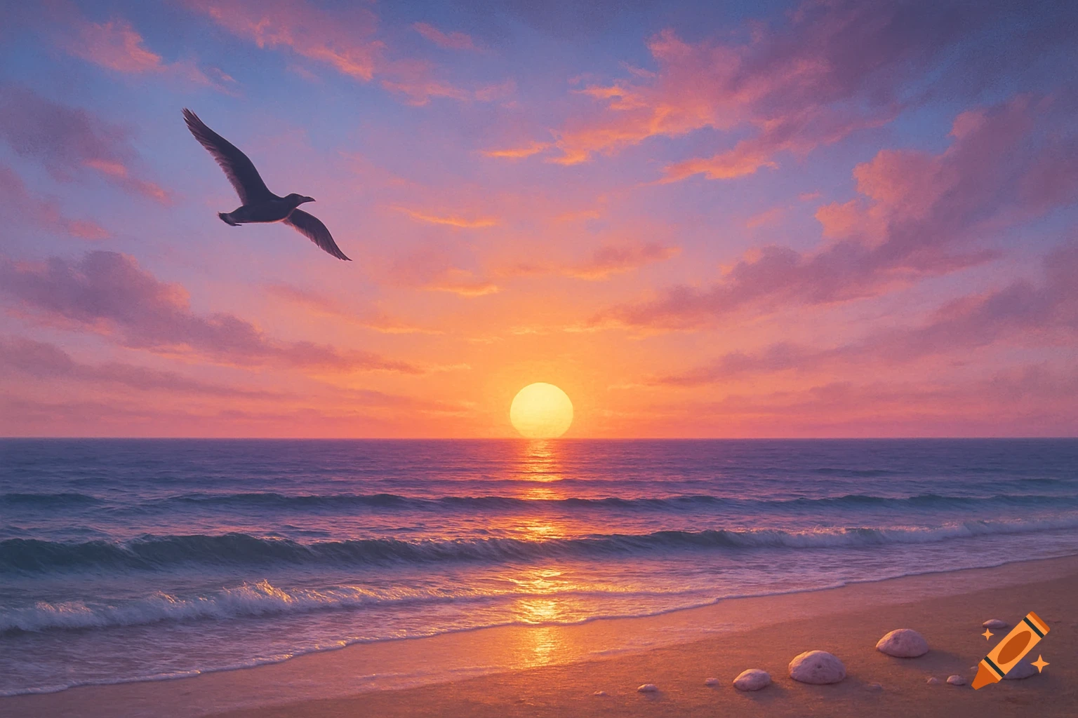 A seagull flies over a vibrant sunset on a calm beach with waves gently rolling onto the sand.