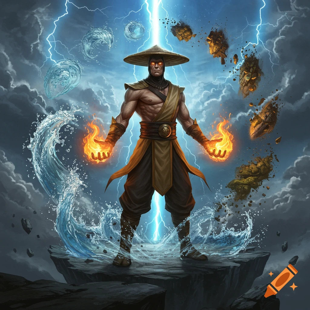 A powerful male monk, inspired by Raiden, standing on a cliff with lightning, water, fire, and floating earth elements.