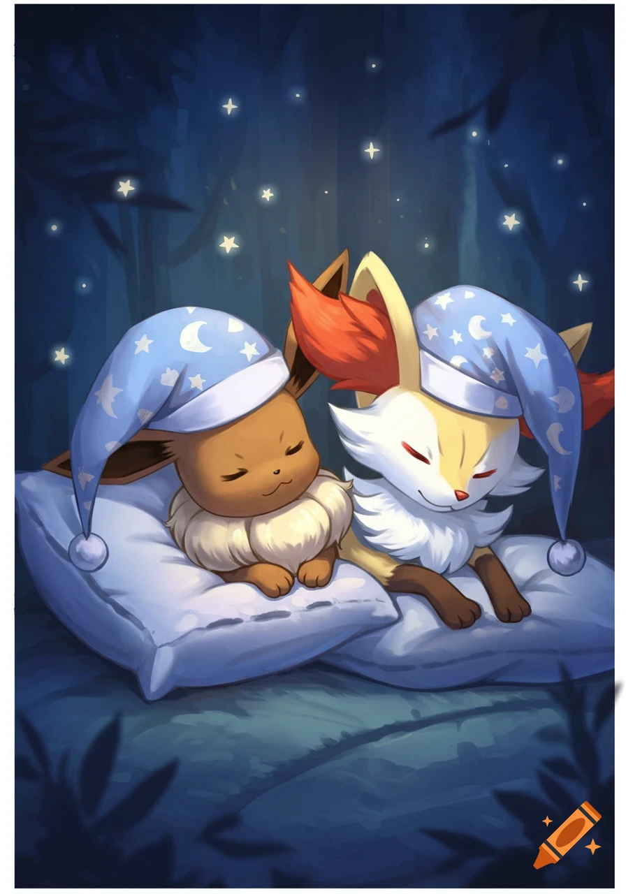 Eevee and Braixen wearing blue nightcaps sleep peacefully on pillows under a starry night sky, in an anime illustration.