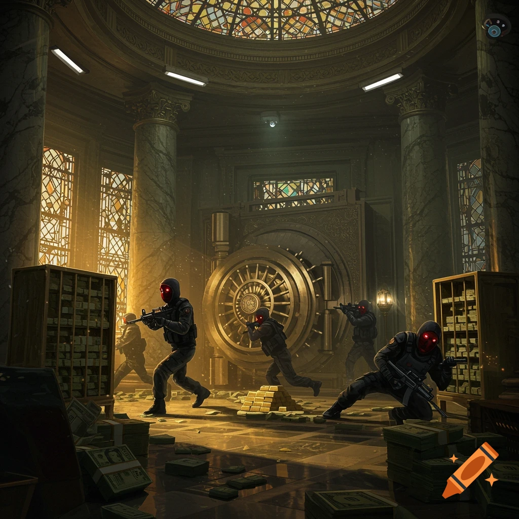 Masked figures with glowing red eyes and assault rifles inside a grand bank vault overflowing with stacks of money and gold.