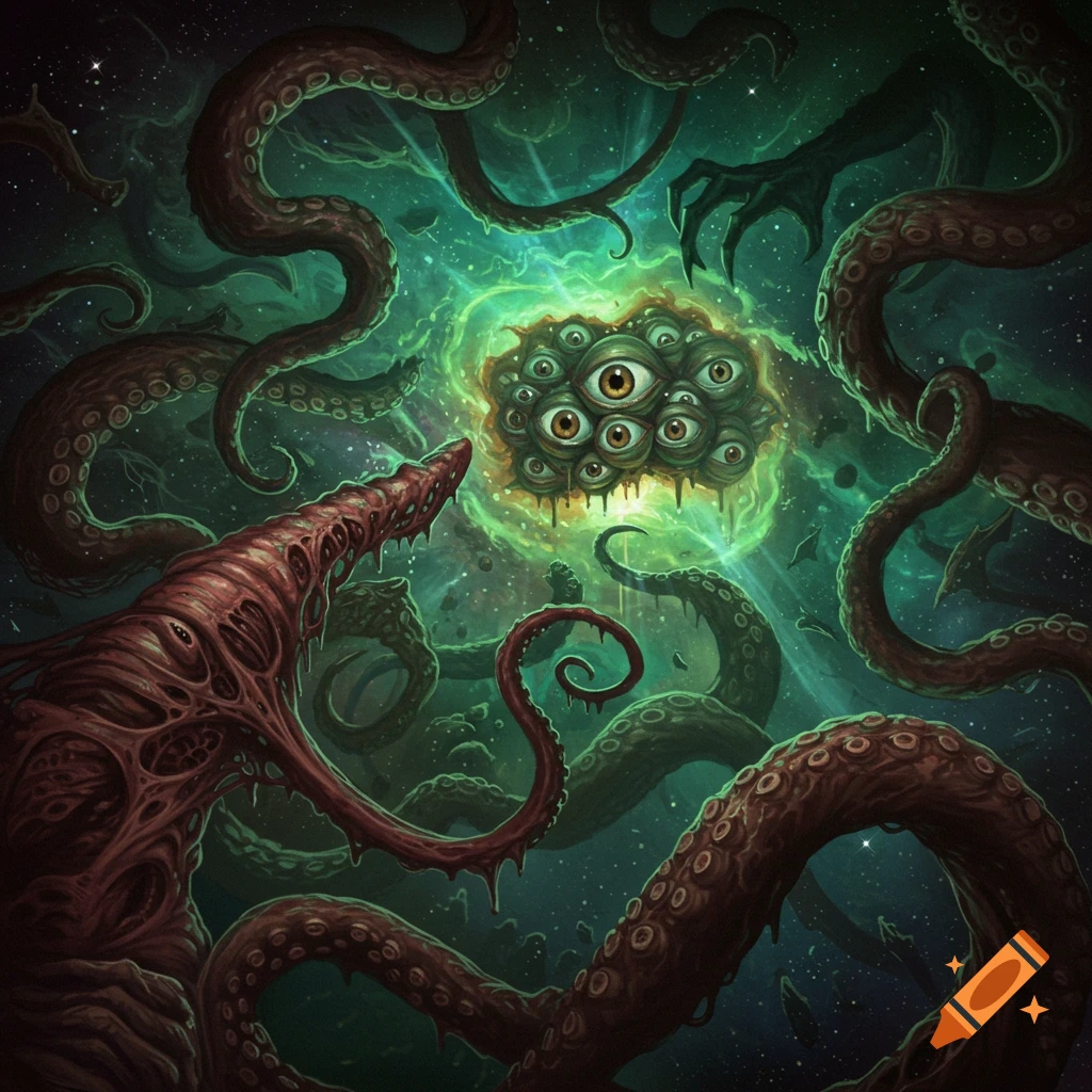 A cosmic horror scene with dark tentacles, a large fleshy mass, and a glowing green cluster of many eyes in a starry void.