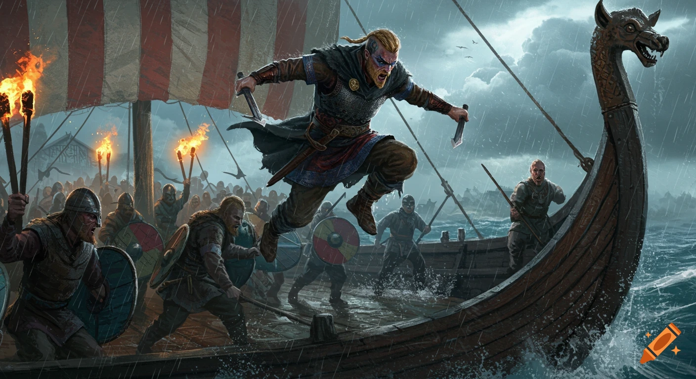 A fierce Viking warrior leaps from a longship onto another boat amidst a stormy sea, surrounded by other Vikings.