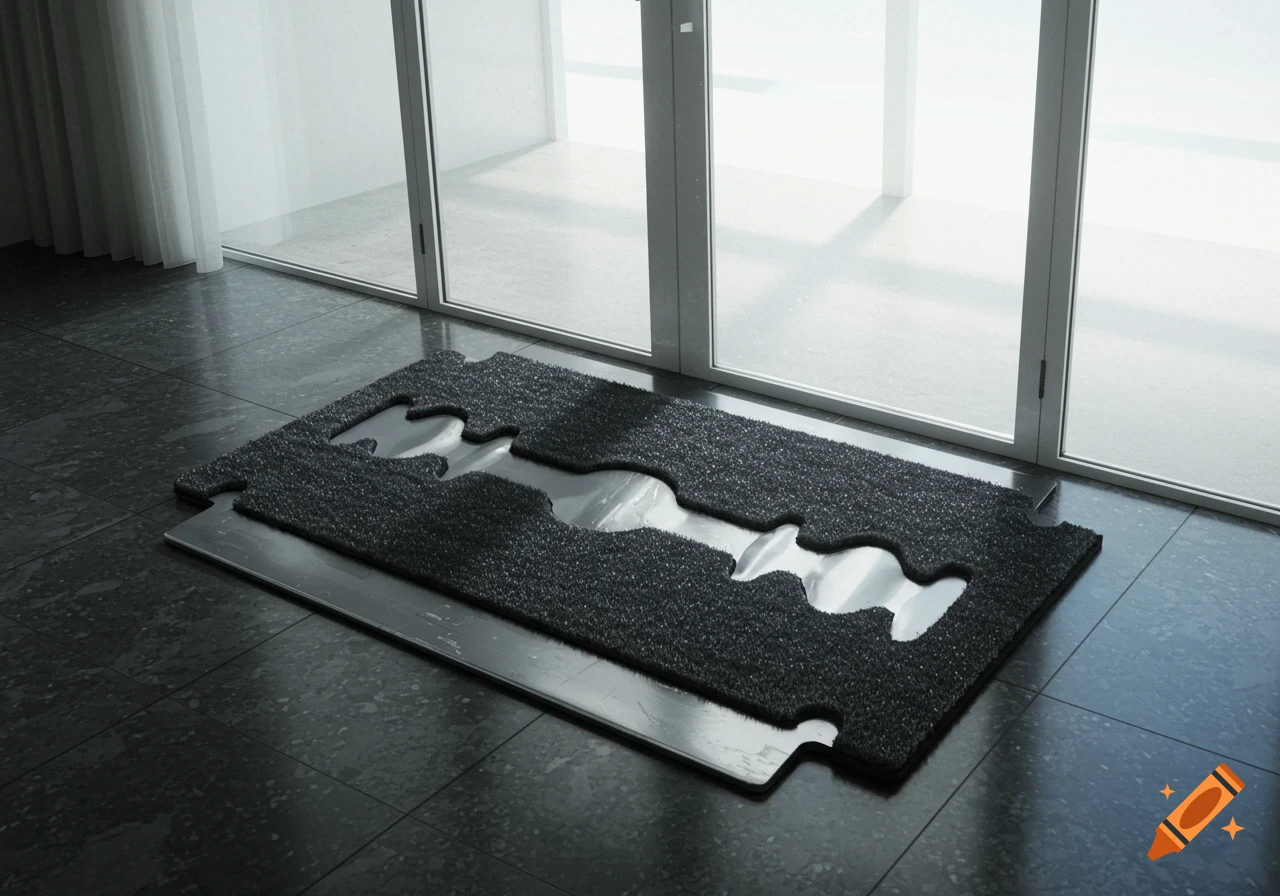 A photorealistic doormat designed in the shape of a razor blade, placed on a dark tiled floor in front of large glass doors.