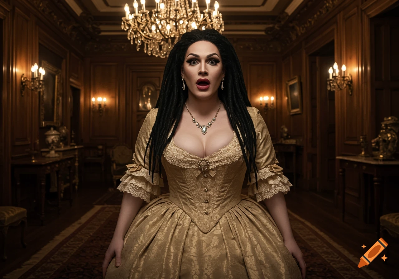 A person with long black dreadlocks in a gilded gold historical gown with a surprised expression in a grand, ornate room.