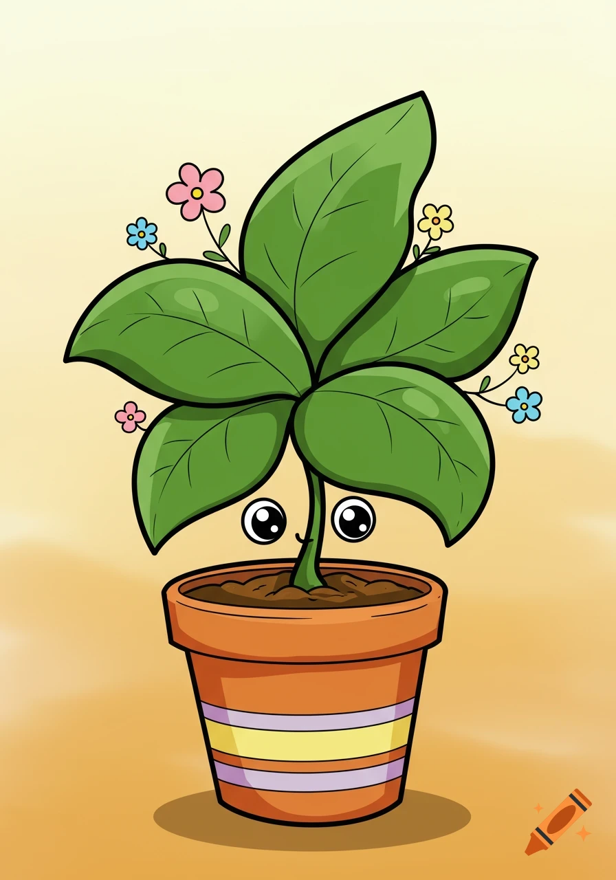 A cartoon potted plant with large green leaves and small colorful flowers, featuring cute large eyes and a smile.
