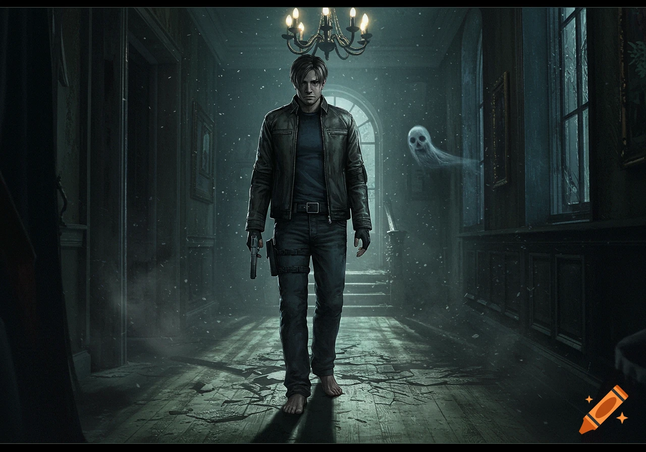 A man resembling Leon Kennedy stands barefoot in a dark, dilapidated mansion, holding a pistol, with a ghostly figure floating behind him.