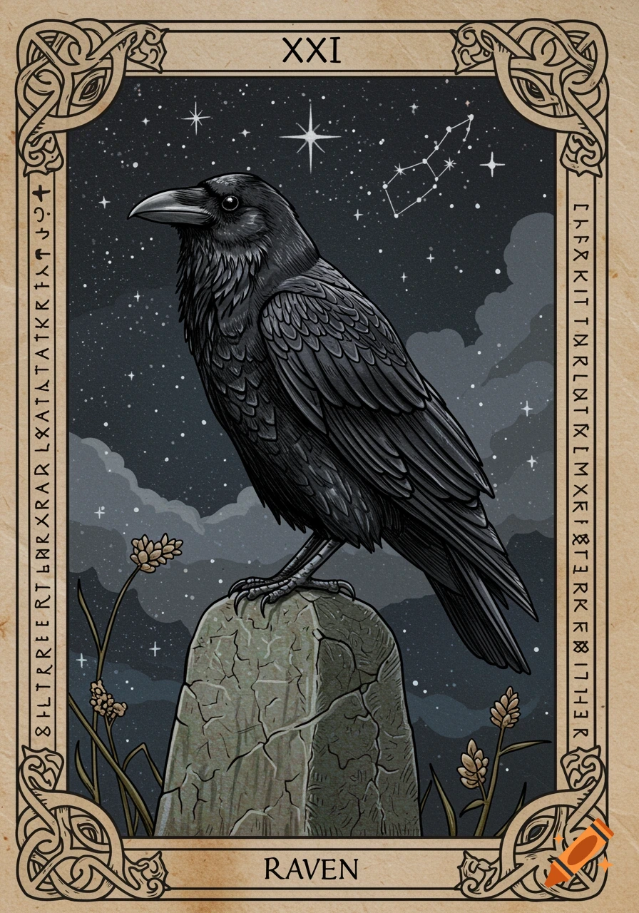 A medieval-style tarot card depicting a black raven on a stone, under a starry night sky, with 'XXI' and 'RAVEN' text.