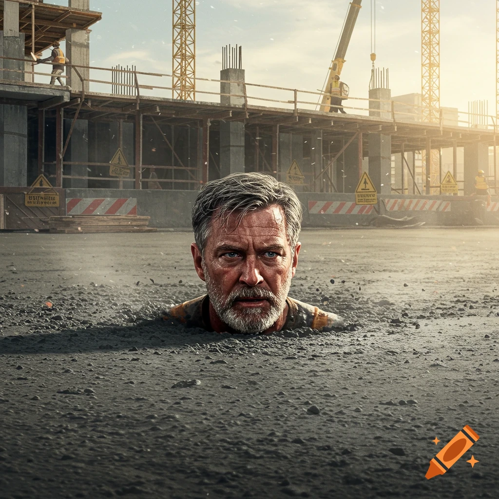 Photorealistic image of a man's head and shoulders submerged in wet cement at a dusty construction site.
