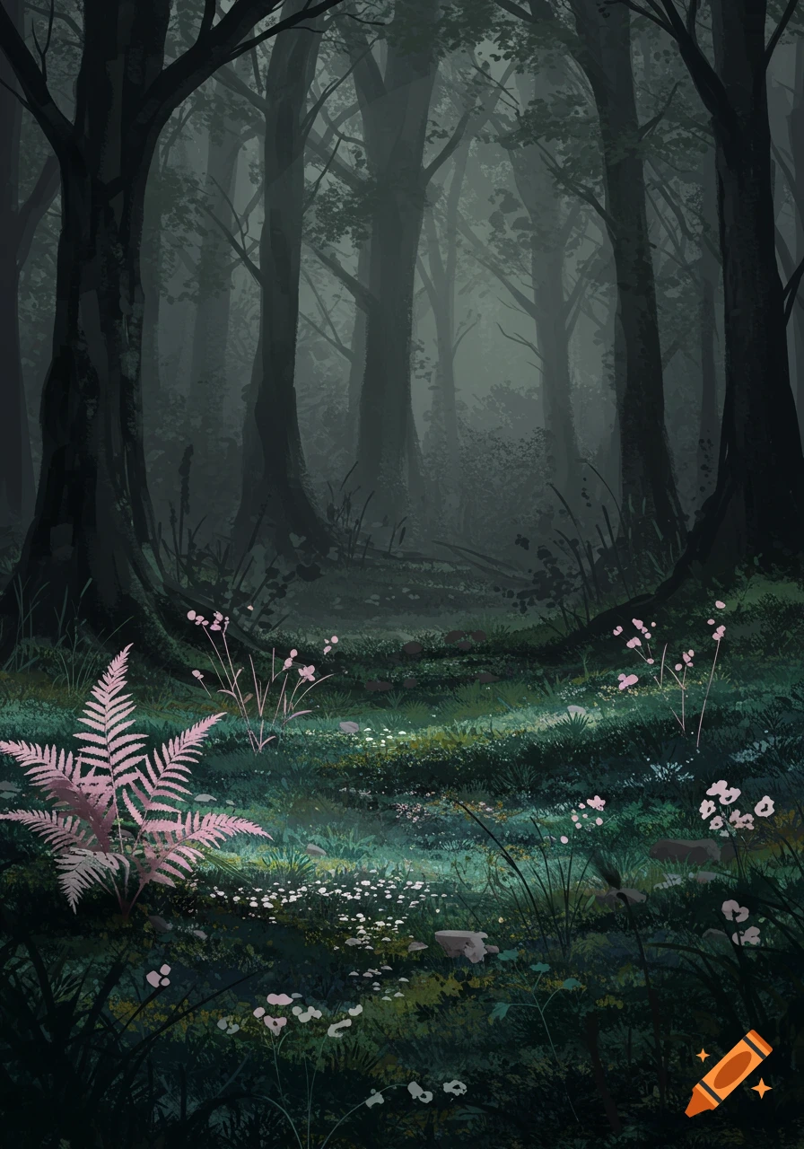 A dark, misty forest with tall trees, lush green ground, pink ferns, and small white flowers with light rays.