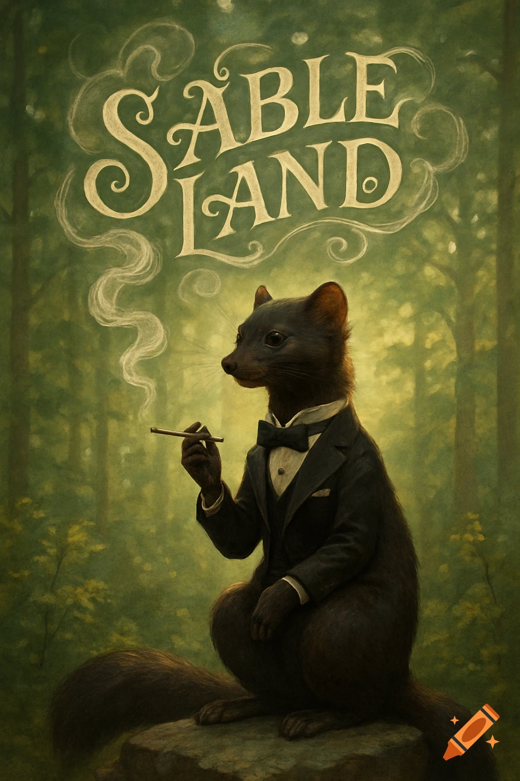 A dapper sable in a suit smoking a cigarette in a forest, with 'SABLE LAND' text at the top, in a painterly style.