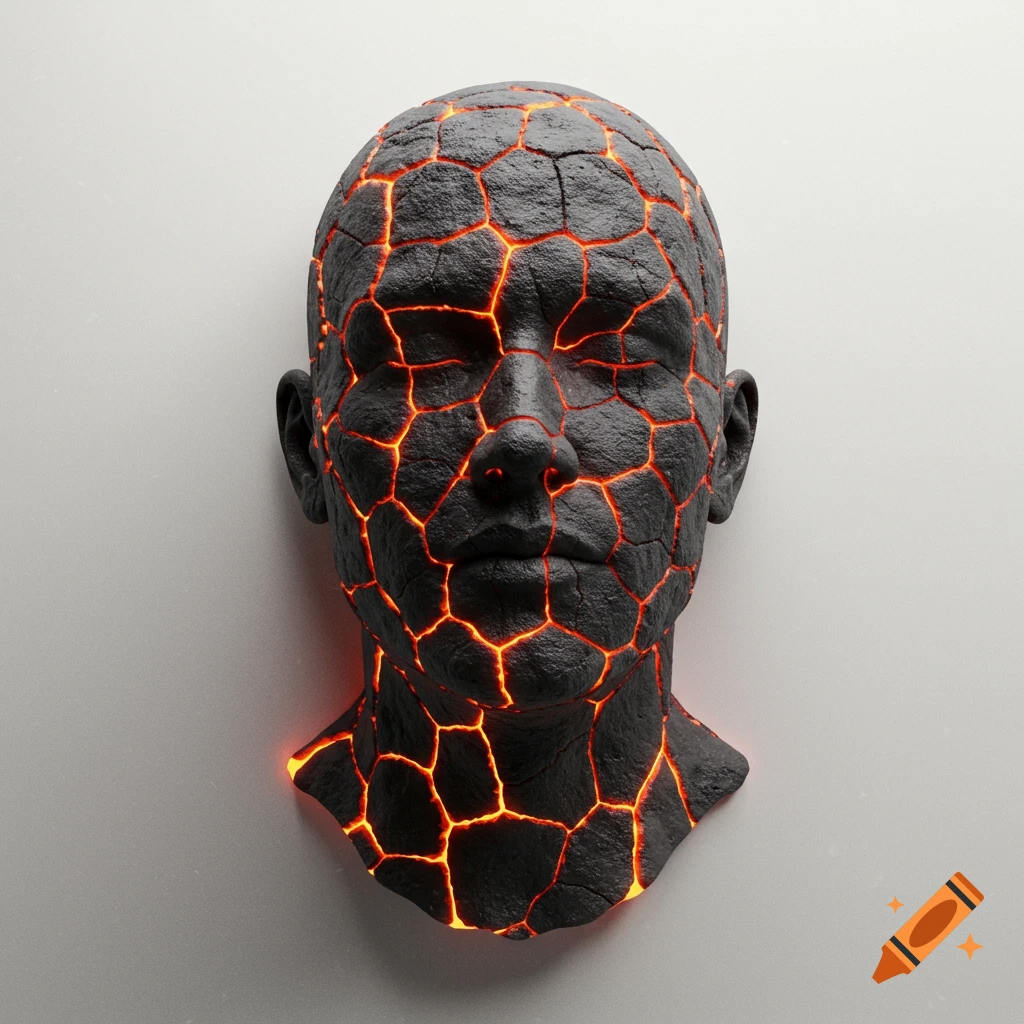Hyper-realistic sculpture of a man's head with cracked dark skin glowing with red lava, emerging from a white wall.