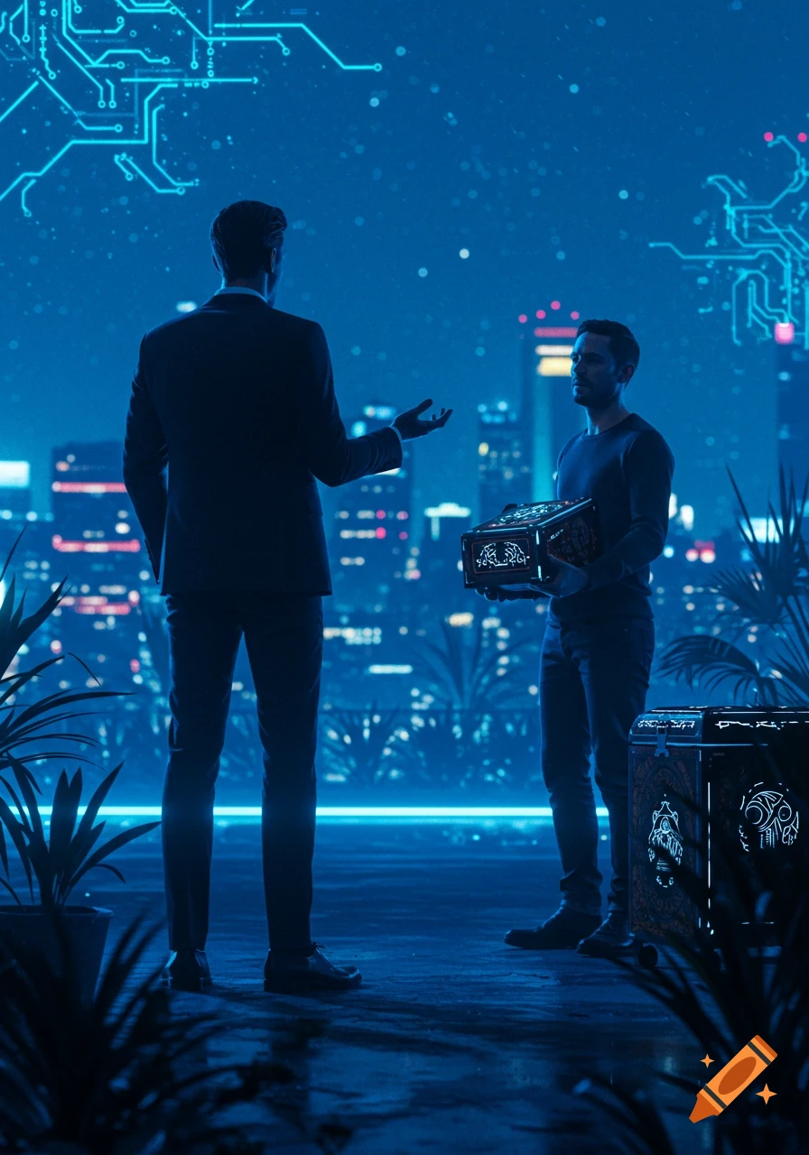 Two men on a futuristic city rooftop at night, surrounded by glowing circuit lines, one holding a glowing box.