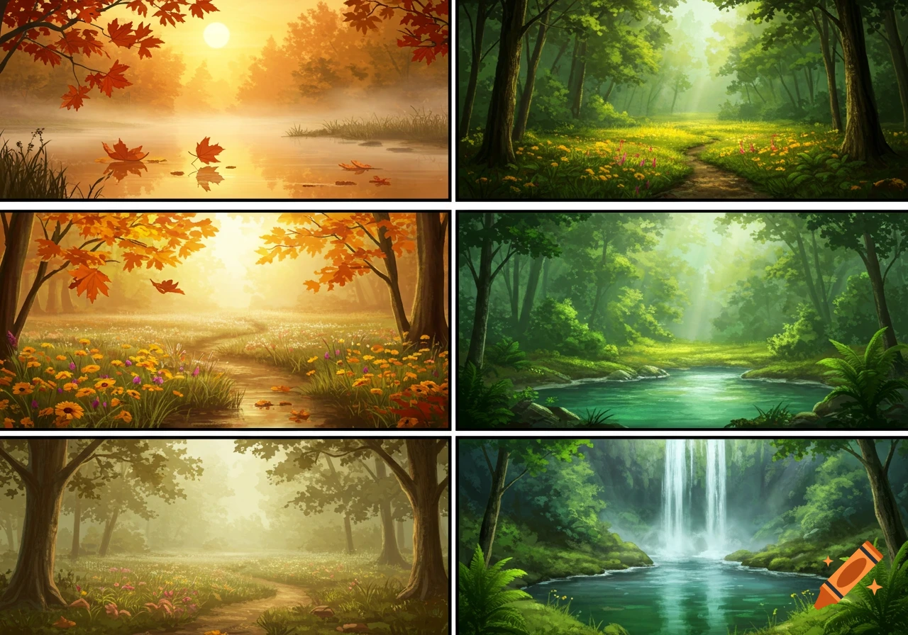 A collection of six vibrant storybook illustrations depicting diverse nature scenes, including autumn forests, misty lakes, sunny paths, ponds, and waterfalls.
