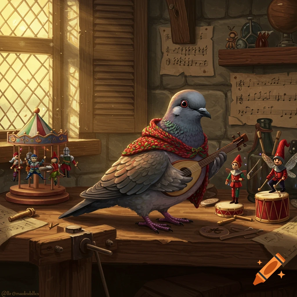 A fantasy illustration of a pigeon wearing a red scarf, playing a lute amidst various toys like a carousel and elf figures, in a sunlit workshop.